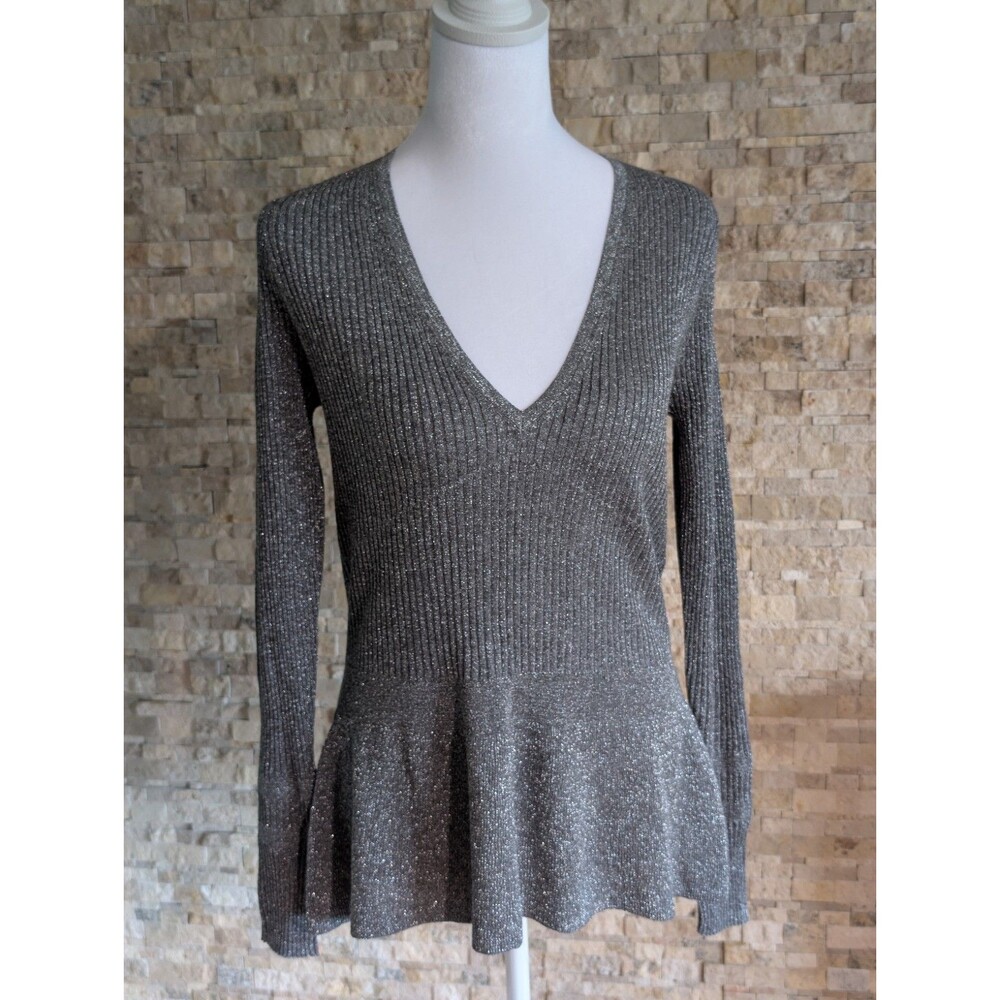 Veronica Beard Sweater Women's M Esmeralda V Neck Pullover Ribbed Metallic